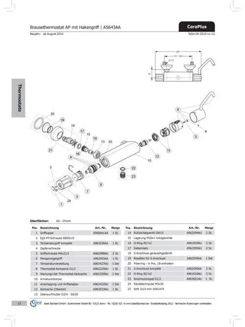 Mengenregelgriff Thermostat in Chrom von Ideal Standard, ergänzt durch verschiedene Komponenten und Ersatzteile zur Montage und Einstellungen des Produkts.